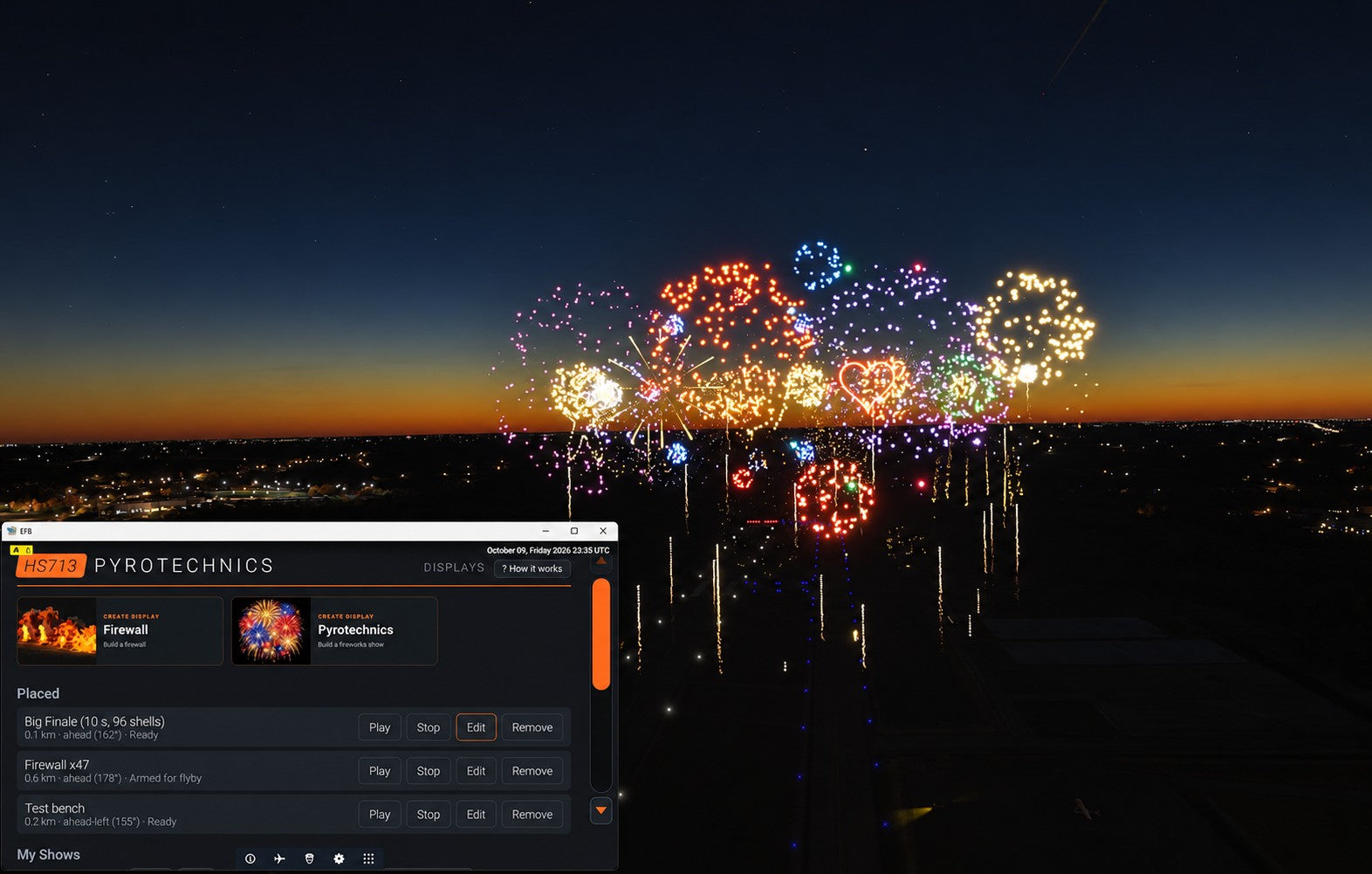 HS713 Pyrotechnics App: a fireworks show over the airfield with the EFB app open